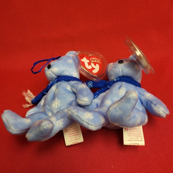 1999 Holiday Teddy The Blue Bear Ty Jingle Beanies Plush Ornament Set of 2 - Picture 13 of 13
